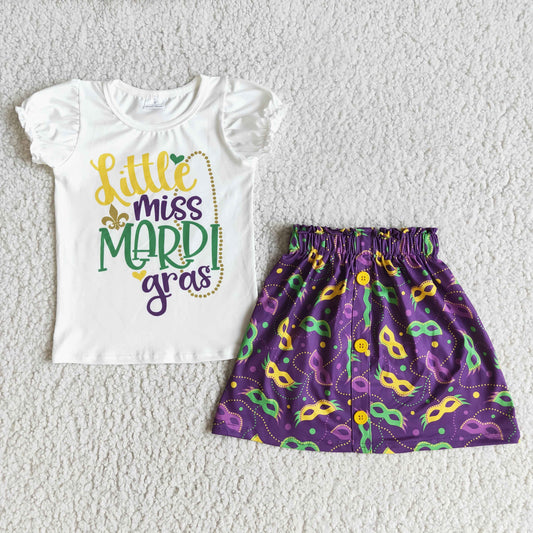 E5-5 Mardi Gras Little Miss Yellow Purple Girls Short Sleeve With Skirt Dresses Outfits