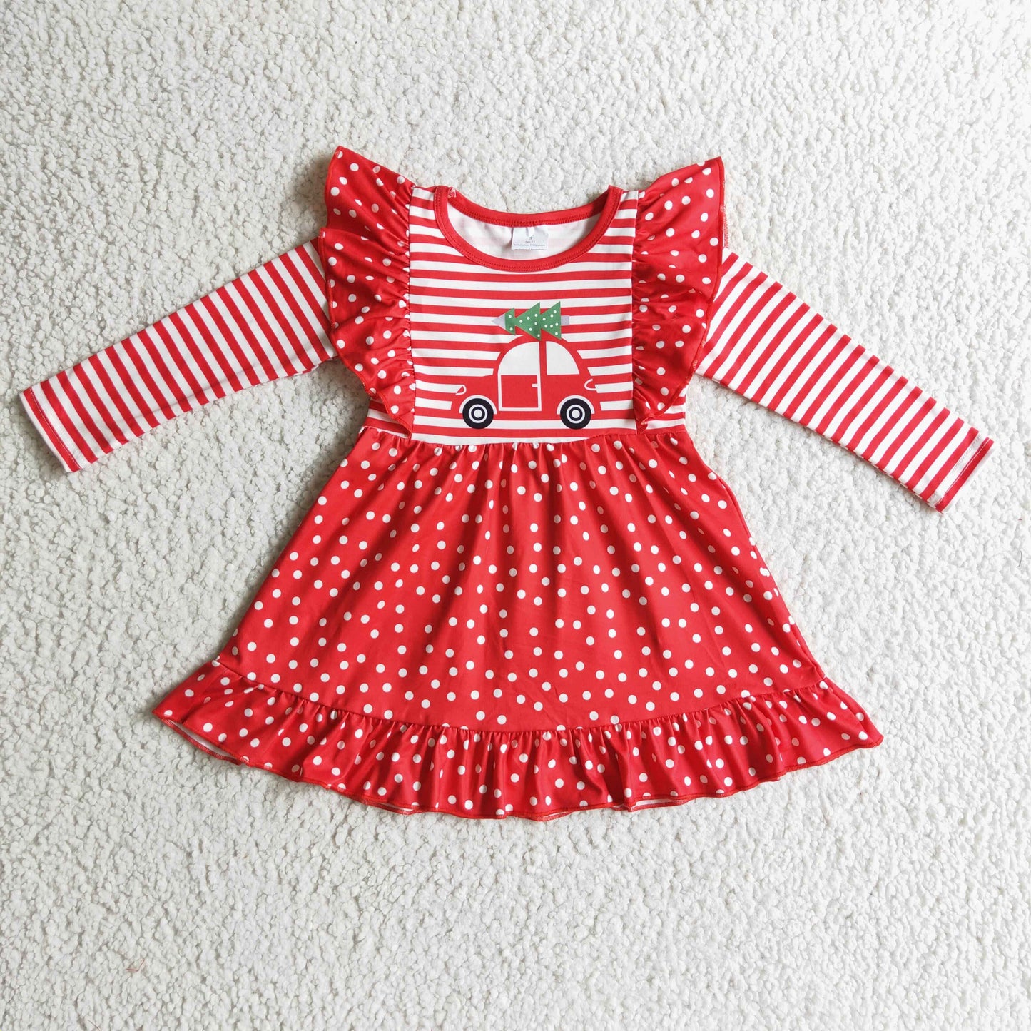 GLD0145 Christmas Tree Car Red Stripes Dots Ruffles Girls Long Sleeve Dresses