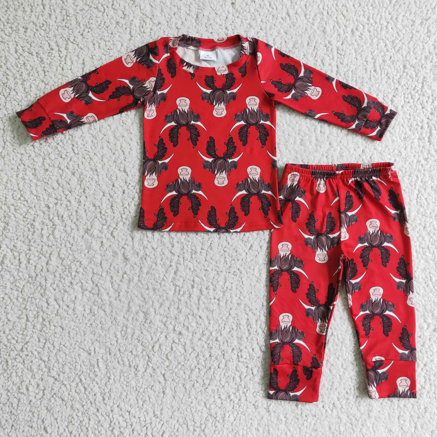 BLP0083 Christmas Red Highland Cow Deer Boys Long Sleeve Pants Outfits Pajamas