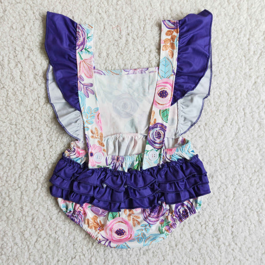 B3-27 Purple Floral Newborn Girls Short Sleeve Romper