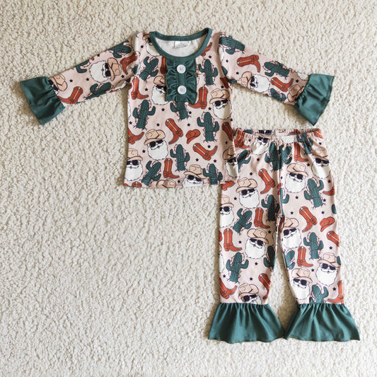GLP0291 Christmas Santa Red Green Cactus Boots Cowboy Western Girls Long Sleeve Pants Outfits Pajamas