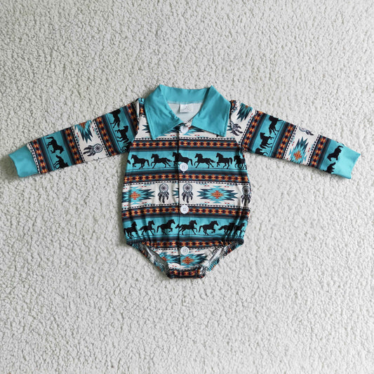 LR0182 Horses Cowboy Blue Western Stripes Dreamcatcher Collar Girls Long Sleeve Romper