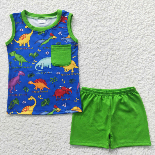 BSSO0234 Green Blue Dinosaur Boys Short Sleeve Shorts Outfits