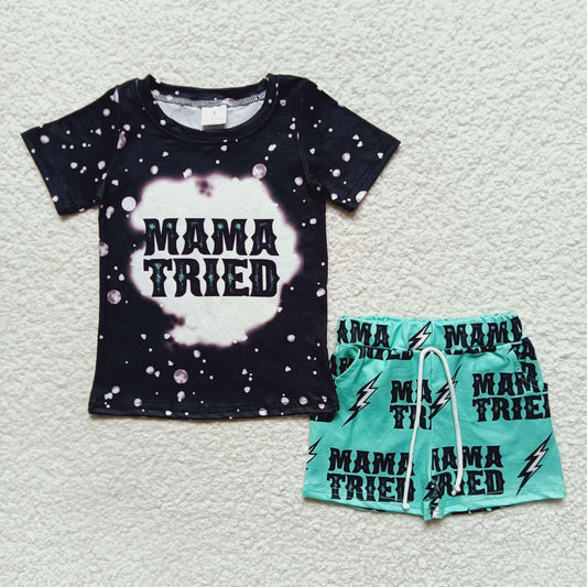 BSSO0200 Mama Tried Black Green Western Boys Short Sleeve Shorts Outfits