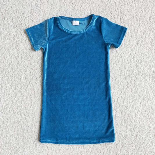 E4-18 Blue Velvet Girls Short Sleeve Dresses