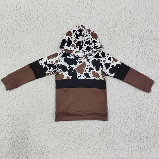 BT0100 Brown Black Cow Print Boys Long Sleeve Hoodies Top