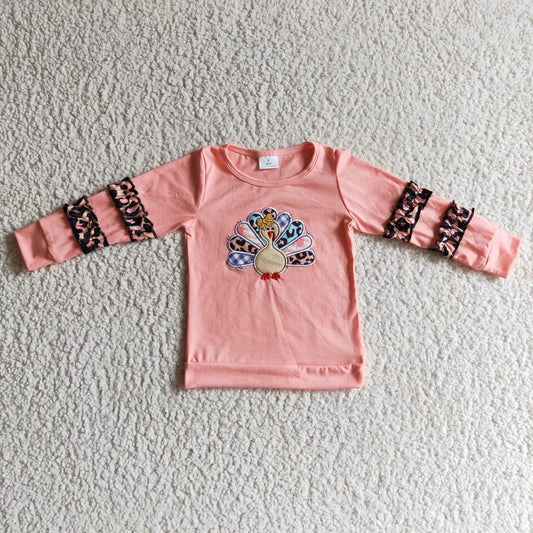 GT0040 Thanksgiving Turkey Leopard Pink Embroidery Girls Long Sleeve Top T-shirts