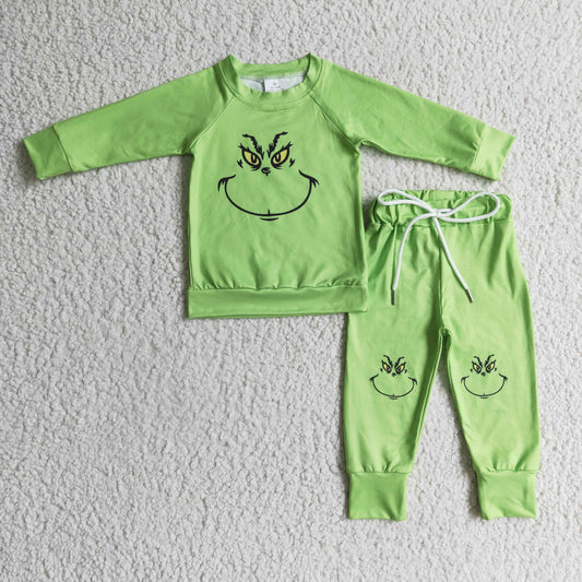 BLP0111 Christmas Green Cartoon Boys Long Sleeve Pants Outfits Pajamas