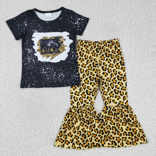 GSPO0352 Black Leopard Highland Cow I'll Love You Til The Cows Come Home Girls Short Sleeve Bell Bottom Pants Outfits
