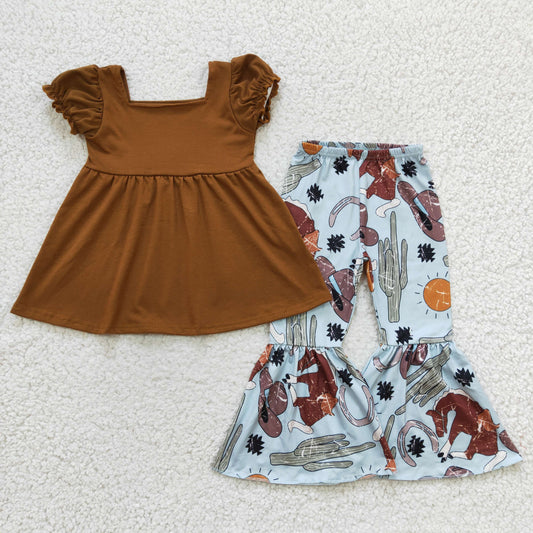 GSPO0374 Brown Horse Cactus Sun Cowboy Western Girls Short Sleeve Bell Bottom Pants Outfits