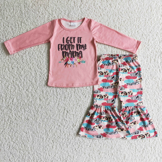 Clearance 6 C7-17 I Get It From My Mama Pink Floral Flower Girls Long Sleeve Bell Bottom Pants Outfits