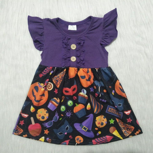 Clearance D3-26 Purple Flutter Sleeve Button Halloween Girls Short Sleeve Dresses