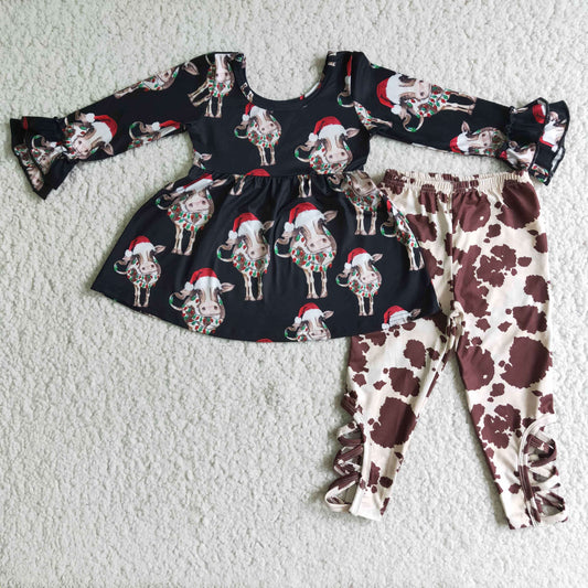 Clearance 6 C9-21 Christmas Cow Print Girls Long Sleeve Bell Bottom Pants Outfits