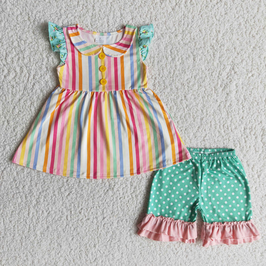 A15-9 Green Dots Pink Colorful Stripes Print Girls Short Sleeve Shorts Outfits