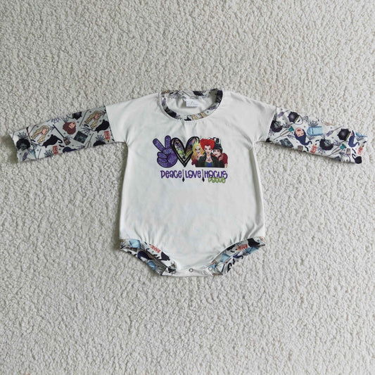 LR0126 Halloween Peace Love Purple Witch Cartoon Girls Long Sleeve Romper