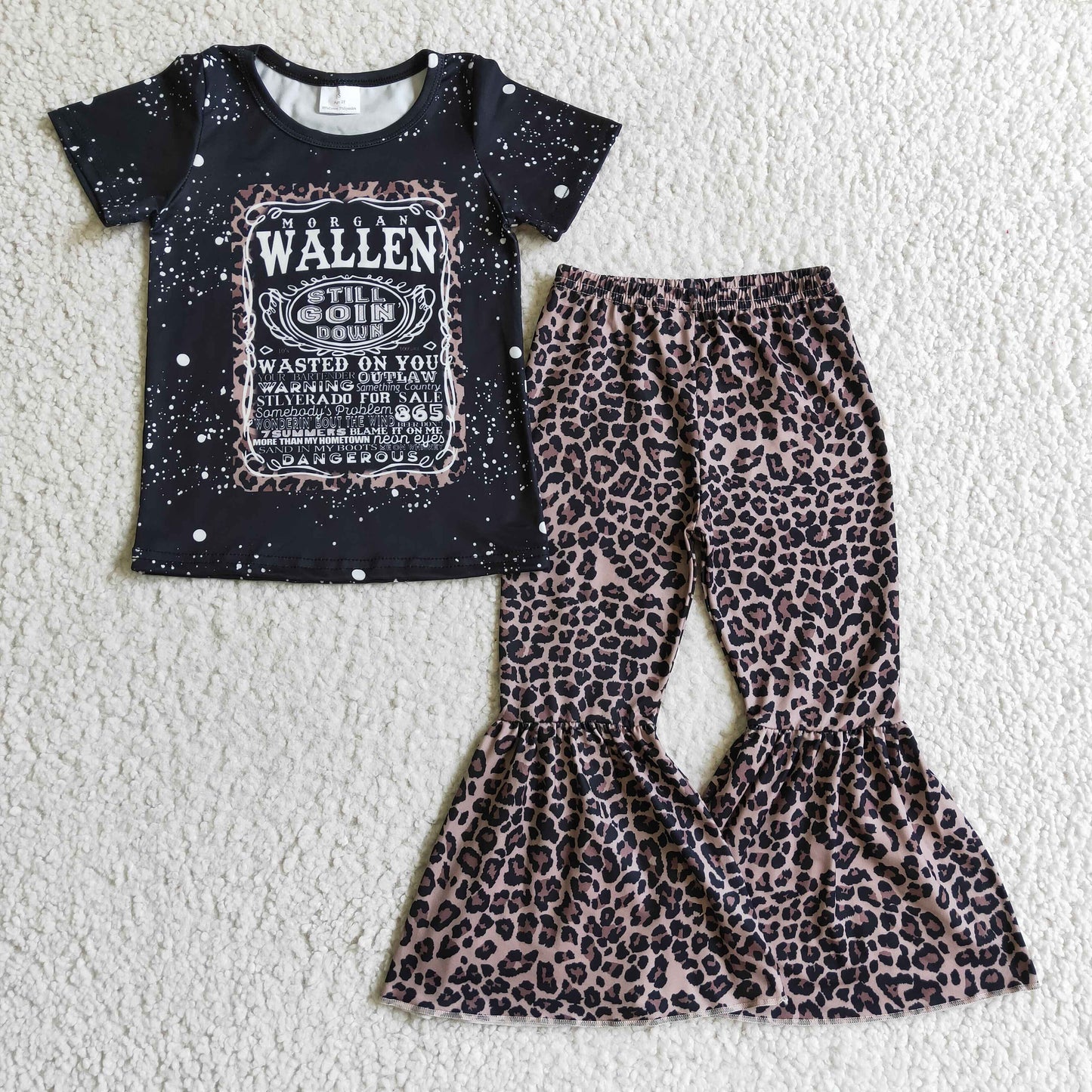 GSPO0227 Black Bleach Leopard Singer Music Letter Girls Short Sleeve Bell Bottom Pants Outfits