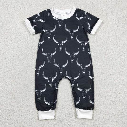 SR0142 Black Highland Cow Boys Short Sleeve Romper