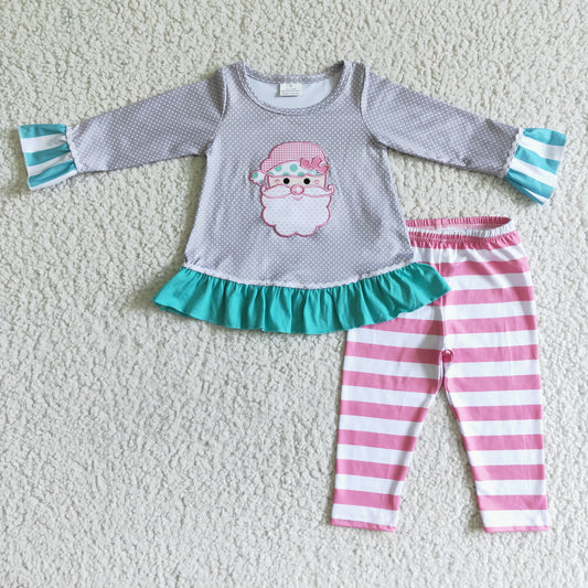 Clearance 6 A11-27 Christmas Pink Grey Blue Embroidery Santa Girls Long Sleeve Pants Outfits