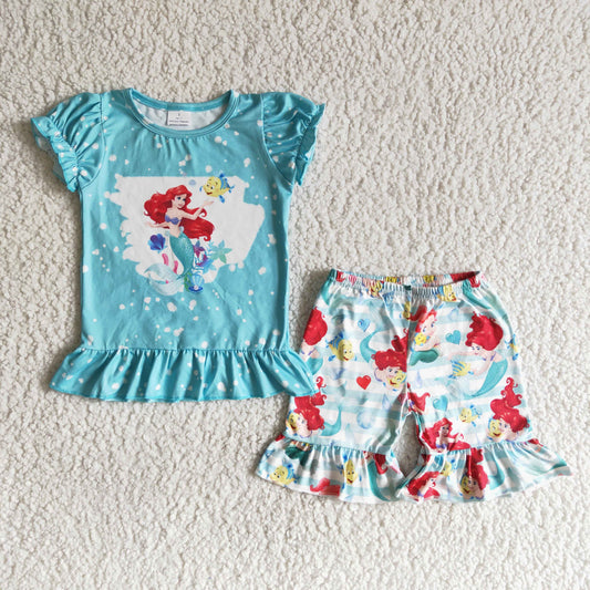 B17-25 Mermaid Blue Cartoon Summer Girls Short Sleeve Shorts Outfits