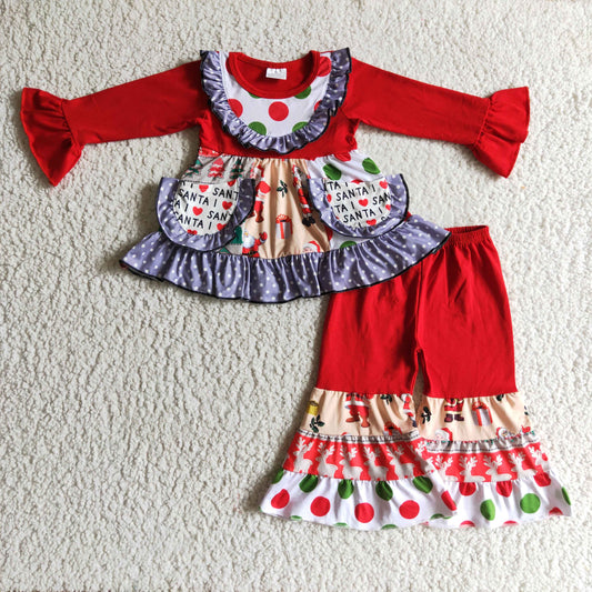 6 A24-13 Christmas Santa Red Green Ruffles Pockets Girls Long Sleeve Bell Bottom Pants Outfits