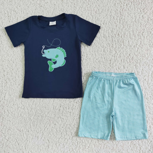 BSSO0008 Fish Blue Plaid Embroidery Boys Short Sleeve Shorts Outfits