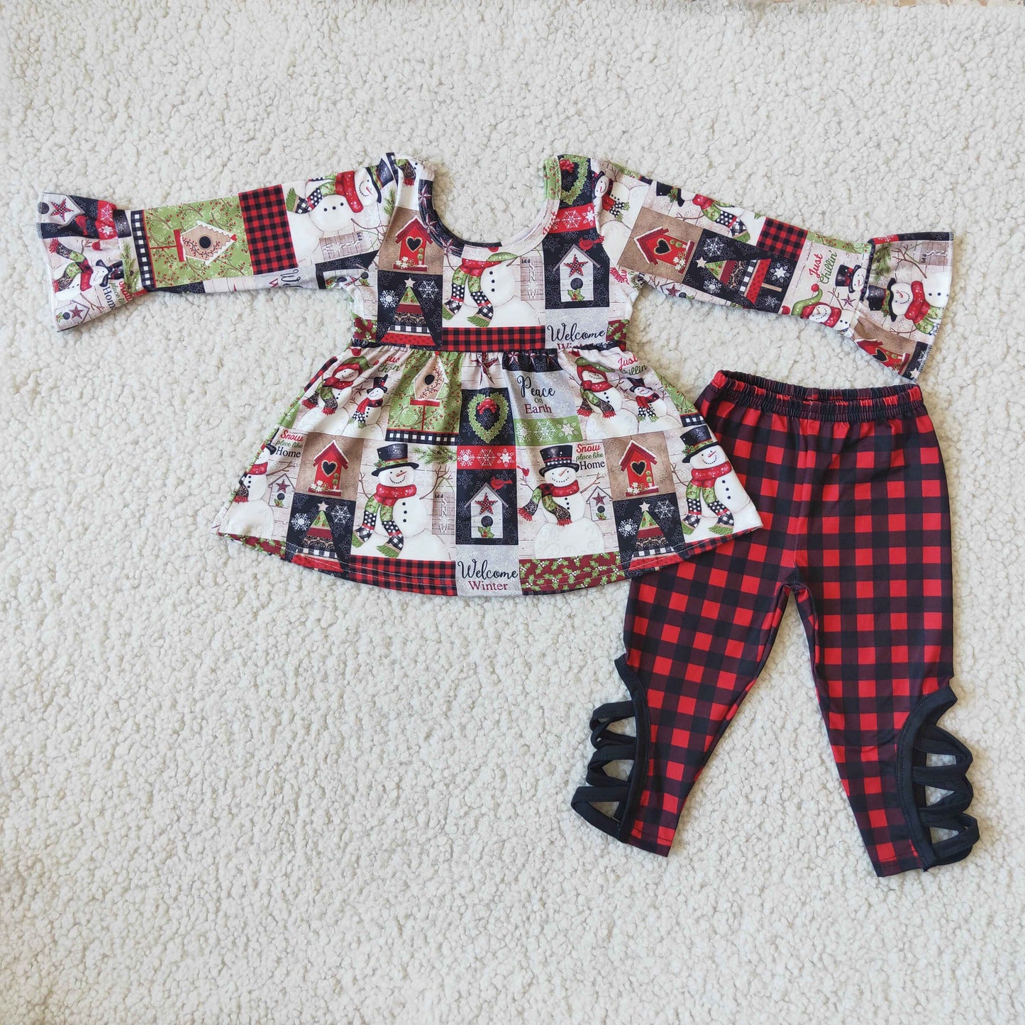 Christmas Baby Girls Cute Plaid Pants Set