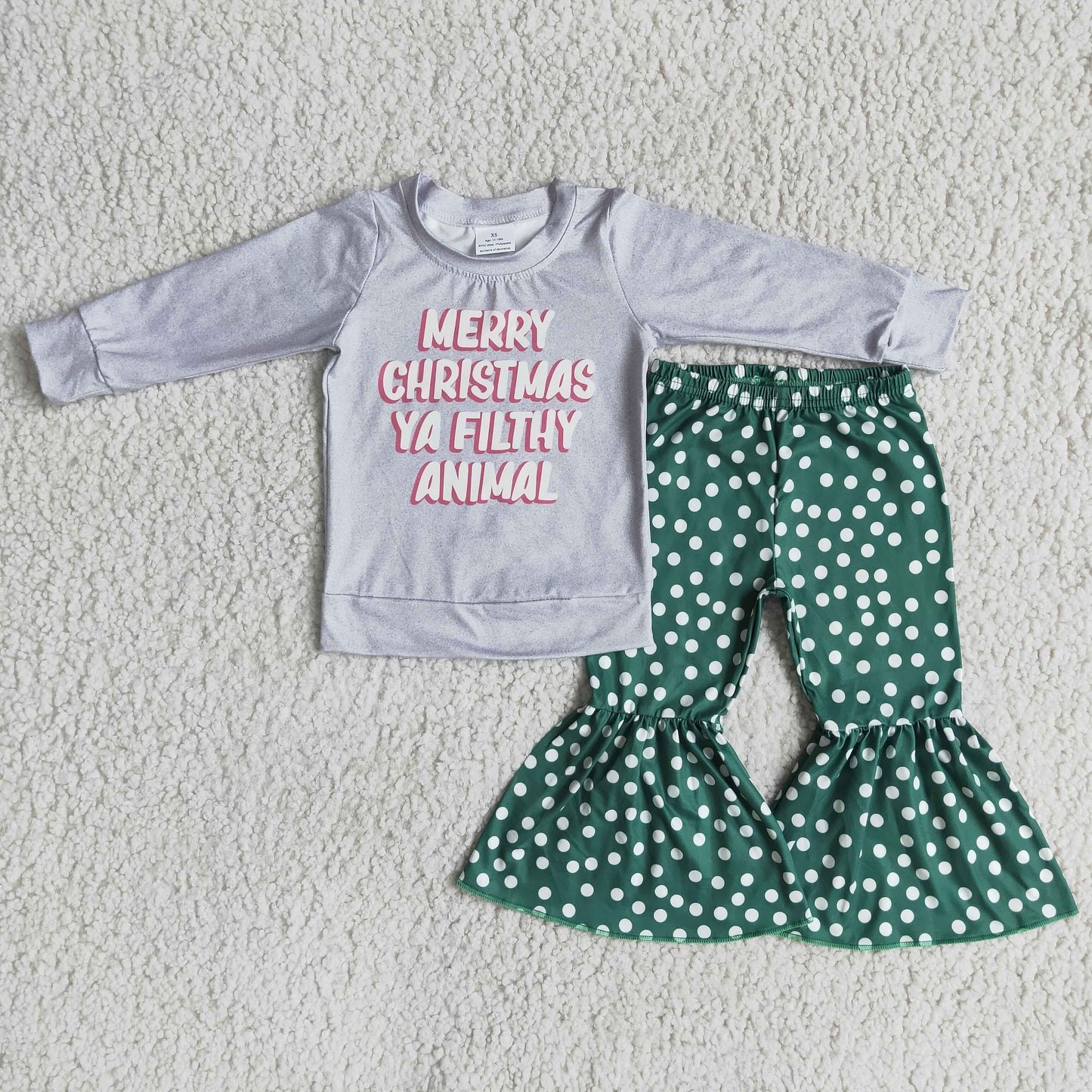 Clearance 6 A7-16 Merry Christmas Ya Filthy Animal Grey Green Dots Girls Long Sleeve Bell Bottom Pants Outfits