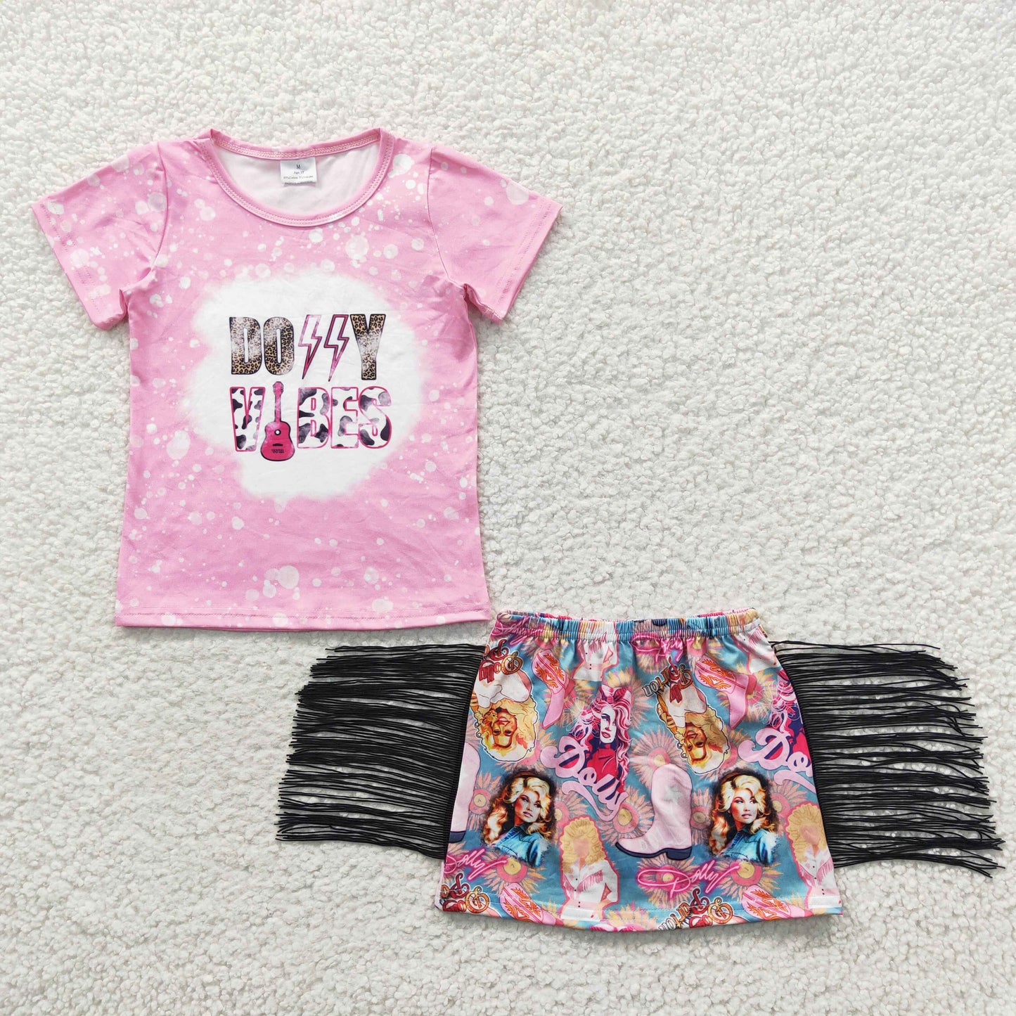 GSD0317 Pink Cartoon Singer Tassel Girls Short Sleeve With Skirt Dresses Outfits