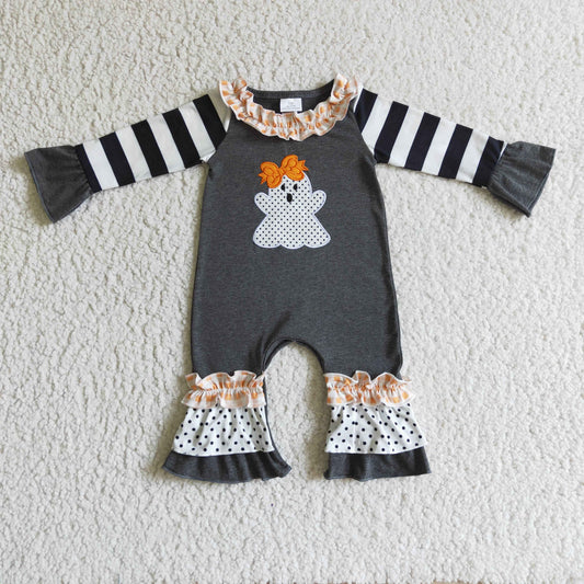 LR0129 Halloween Ghost Cartoon Black Stripes Ruffles Embroidery Girls Long Sleeve Romper