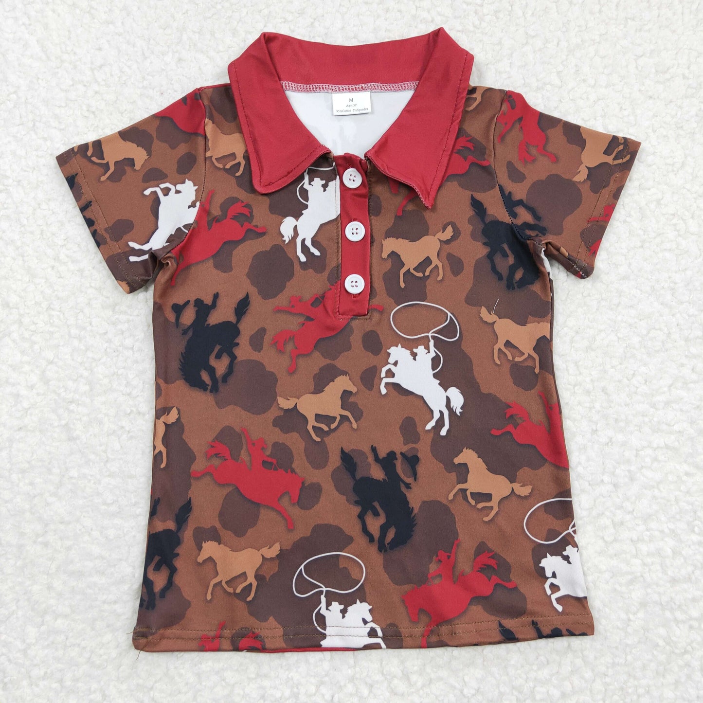 BT0162 Brown Red Rodeo Cowboy  Western  Boys Short Sleeve Top Collar T-Shirts