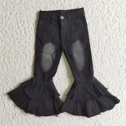 A0-4-1 Black Solid Bleaching Double Ruffles Denim Jeans