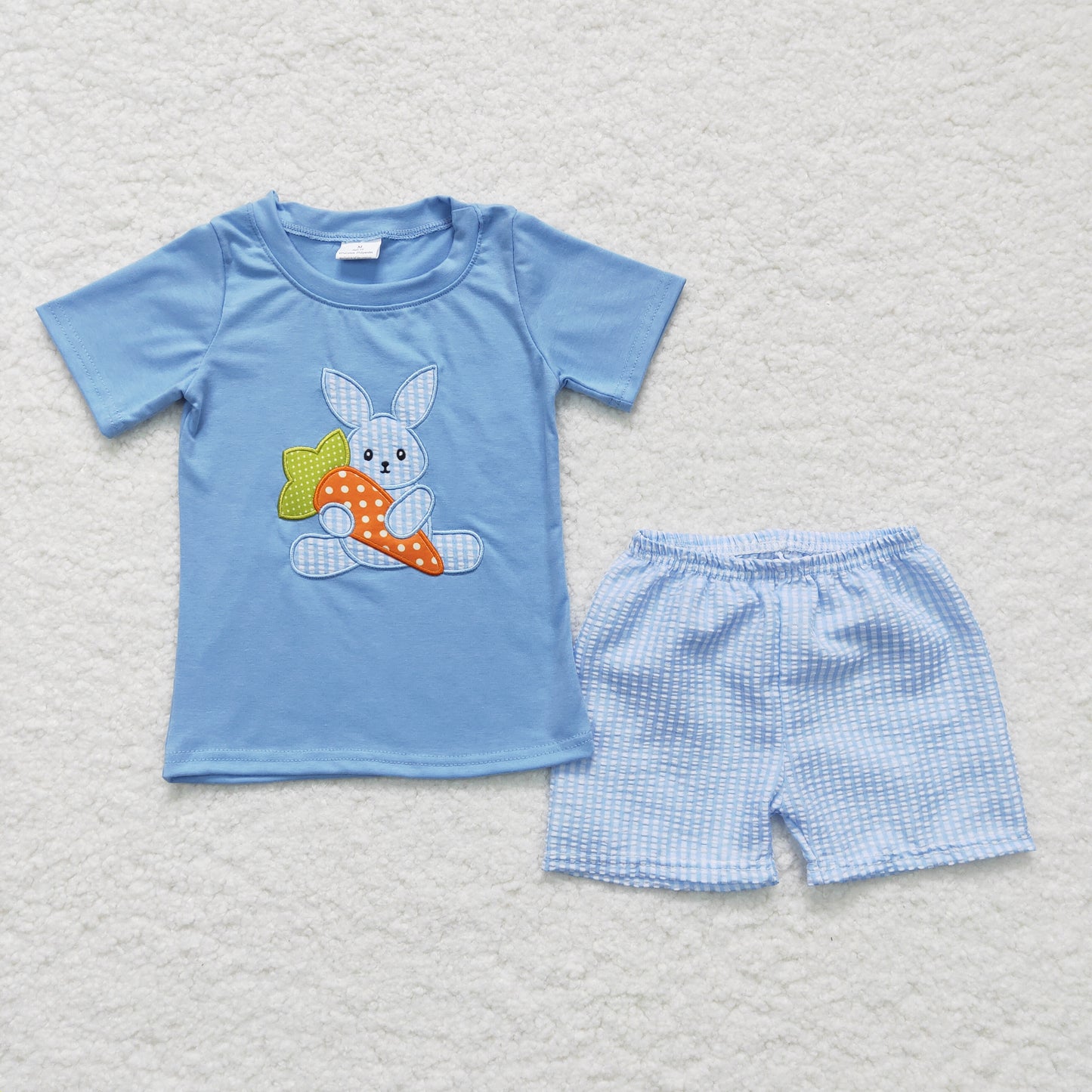 BSSO0087 Easter Blue Plaid Rabbit Carrot Embroidery Boys Short Sleeve Shorts Outfits