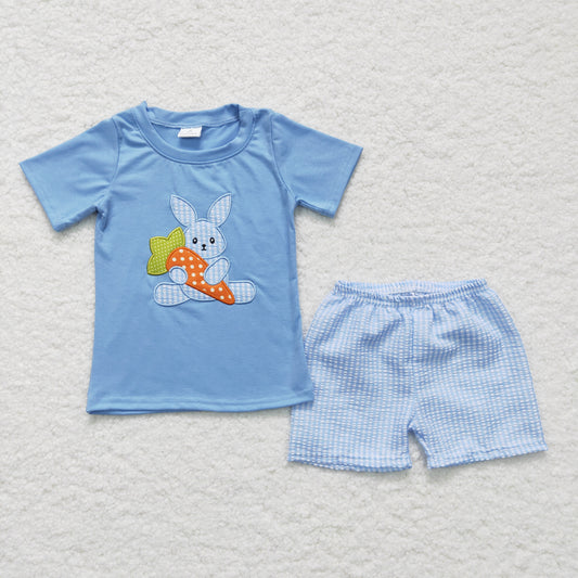 BSSO0087 Easter Blue Plaid Rabbit Carrot Embroidery Boys Short Sleeve Shorts Outfits