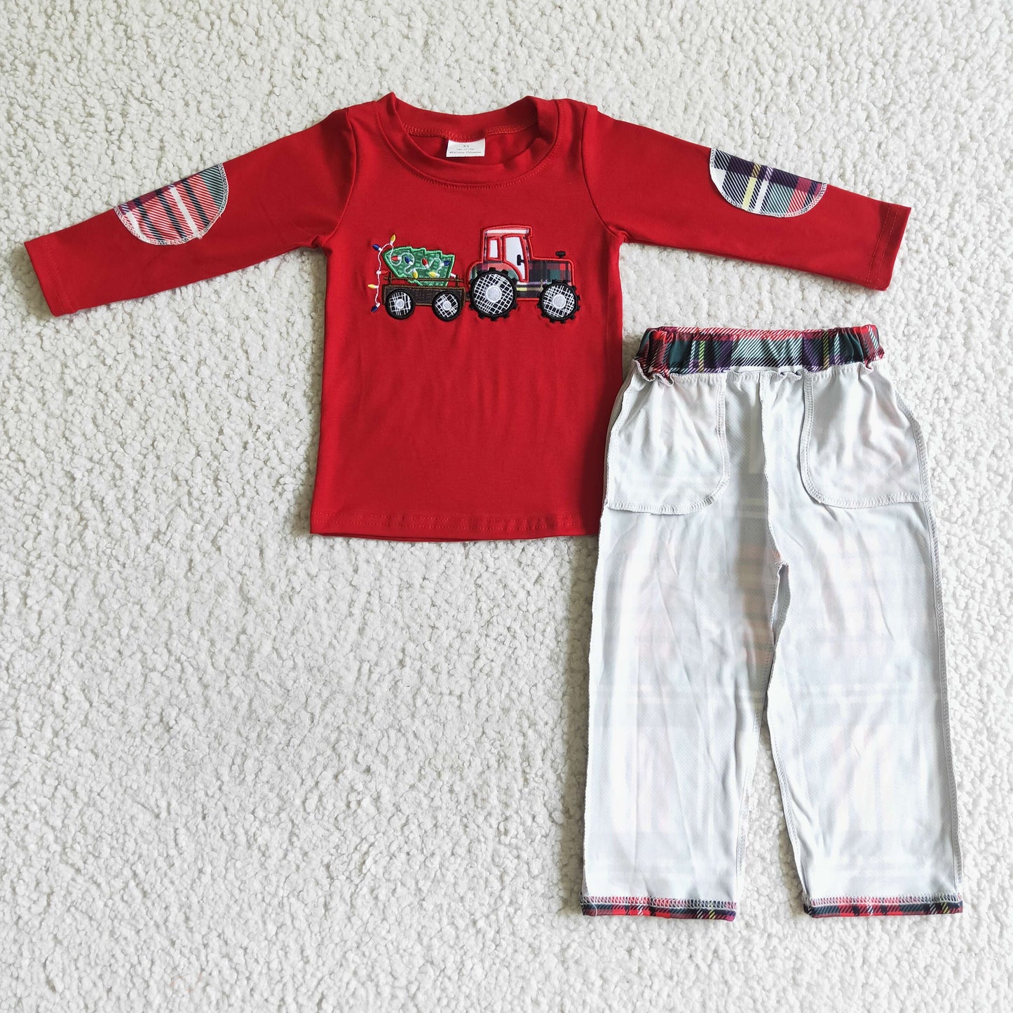 BLP0013 Christmas Red Plaid Car Tree Embroidery Boys Long Sleeve Pants Outfits