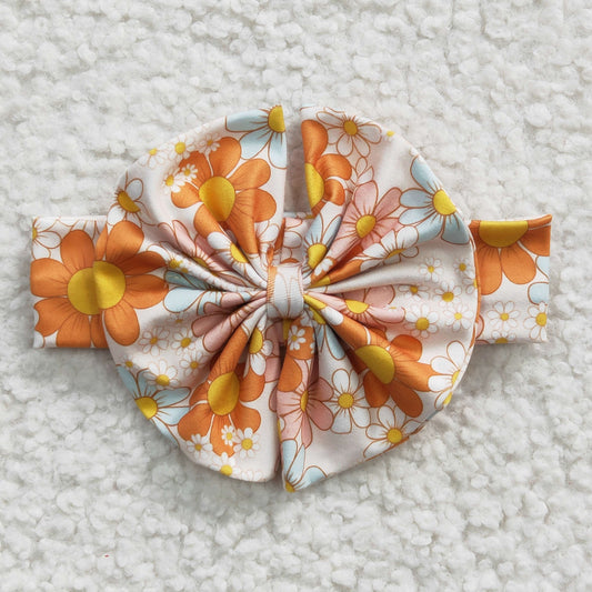 GSPO0508  Orange Floral Yellow With Bow Headband 3pcs Girls Short Sleeve Bell Bottom Pants Outfits