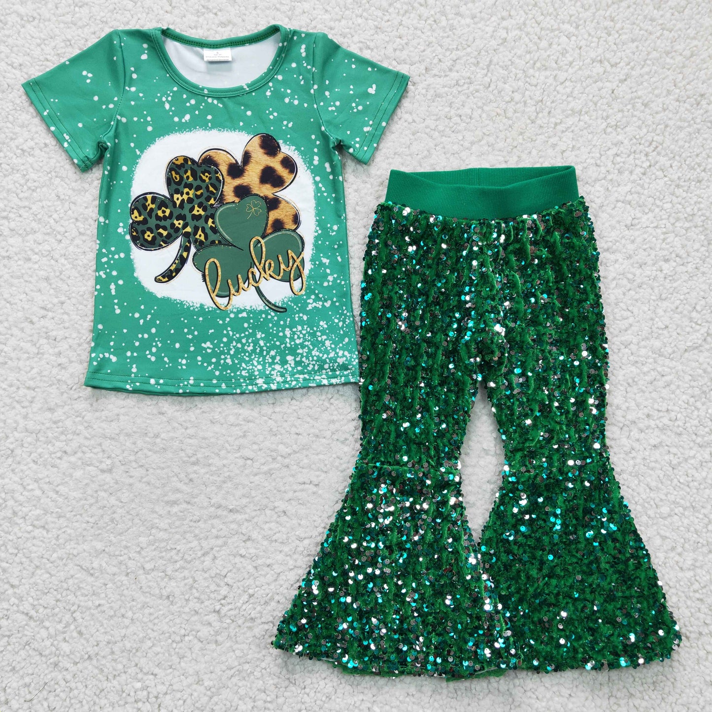 2pcs GLP0401 GT0109 St. Patrick Green Clover Leopard Top+ P0033 Green Sequin Girls Short Sleeve Bell Bottom Pants Outfits