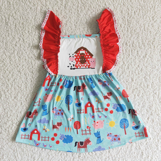 Clearance A15-4 Farm Cow Pig Red Blue Girls Flutter Sleeve Dresses