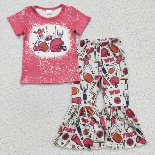 GSPO0295 Football Game Fight Pink Bleach Girls Short Sleeve Bell Bottom Pants Outfits