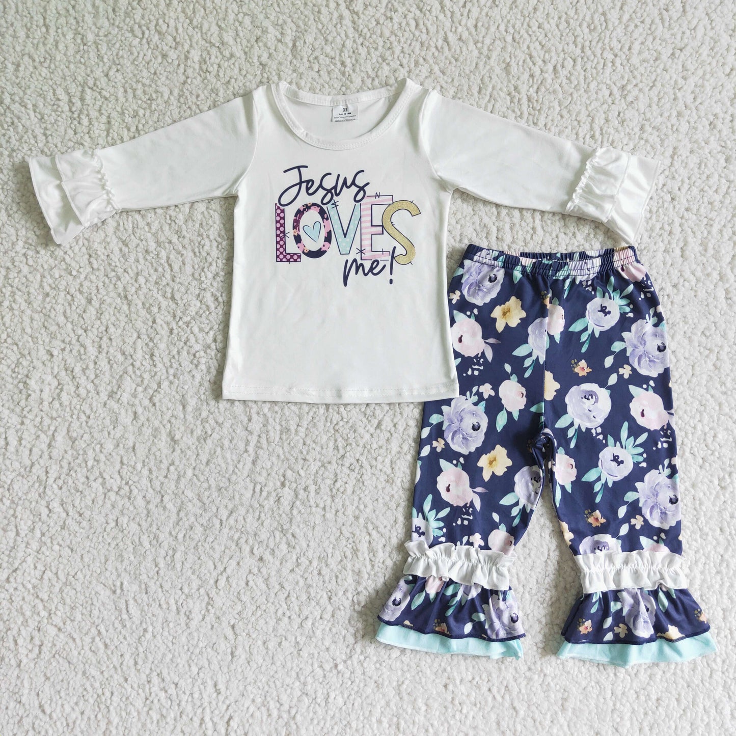 Clearance 6 A7-12 Blue Jesus Loves Me Floral Print Girls Long Sleeve Pants Outfits