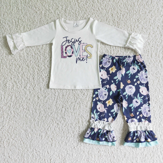 Clearance 6 A7-12 Blue Jesus Loves Me Floral Print Girls Long Sleeve Pants Outfits