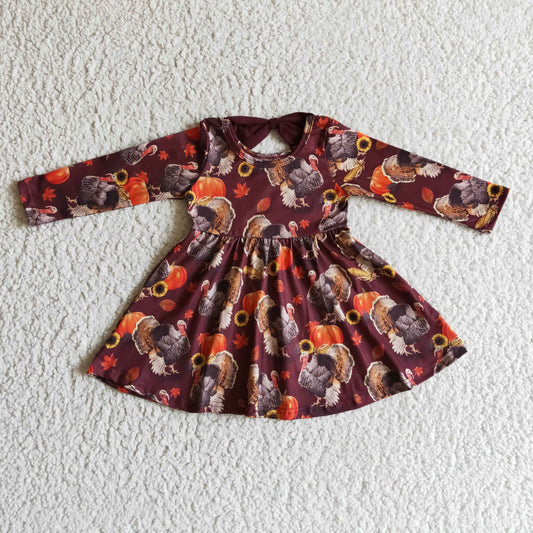 GLD0053 Halloween Thanksgiving Turkey Pumpkin Red Orange Girls Long Sleeve Dresses