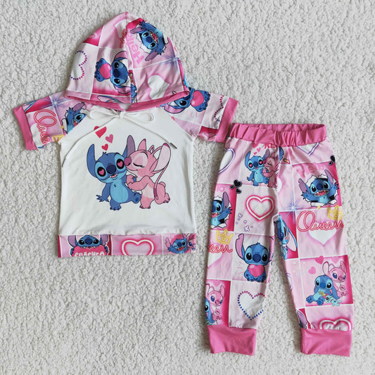 Clearance E8-26 Valentine Pink Cartoon Short Sleeve Baby Girls Hoodie Set