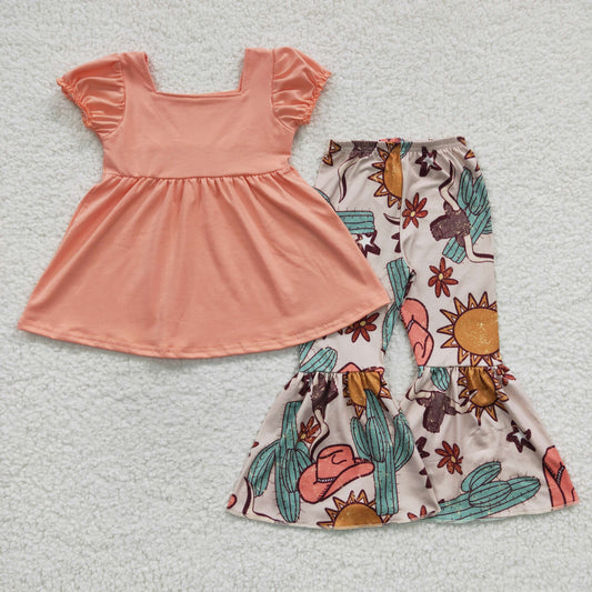 GSPO0346 Pink Brown Cowboy Cactus Sun Hat Highland Cow Western Girls Short Sleeve Bell Bottom Pants Outfits