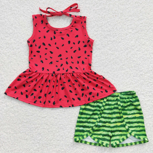 GSSO0192 Red Green Watermelon Girls Short Sleeve Shorts Outfits