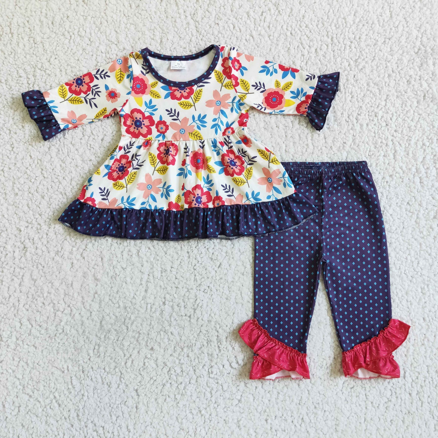 Clearance 6 B2-1 Purple Floral Ruffles Tunic Girls Short Sleeve Pants Outfits