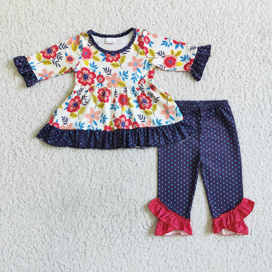 Clearance 6 B2-1 Purple Floral Ruffles Tunic Girls Short Sleeve Pants Outfits