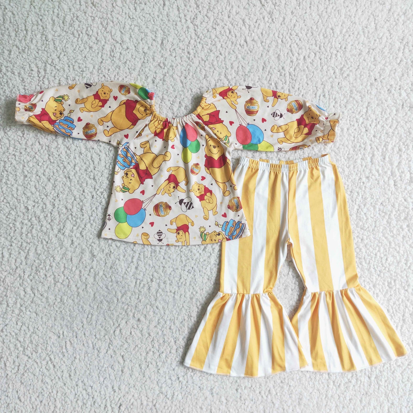 Clearance GLP0030 Yellow Bear Cartoon Stripes Girls Long Sleeve Bell Bottom Pants