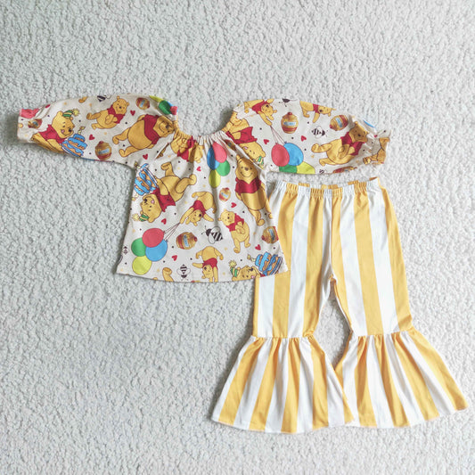 Clearance GLP0030 Yellow Bear Cartoon Stripes Girls Long Sleeve Bell Bottom Pants