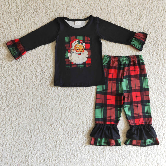 GLP0260 Christmas Santa Black Red Green Plaid Ruffles Girls Long Sleeve Bell Bottom Pants Outfits