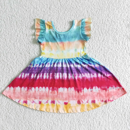 GSD0024 Blue Red Tie Dye Striped Girls Flutter Sleeve Dresses